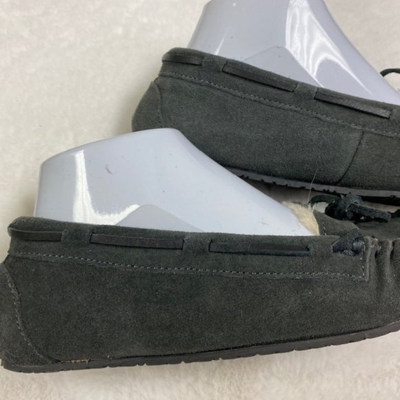 Minnetonka Cally Gray Leather Moccasin Slippers Women's 6 Faux Fur Lined - Picture 5 of 8